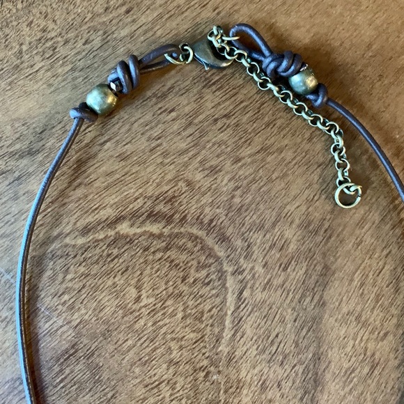 Upcycled Rustic Brass Wood Leather Necklace - Picture 4 of 6